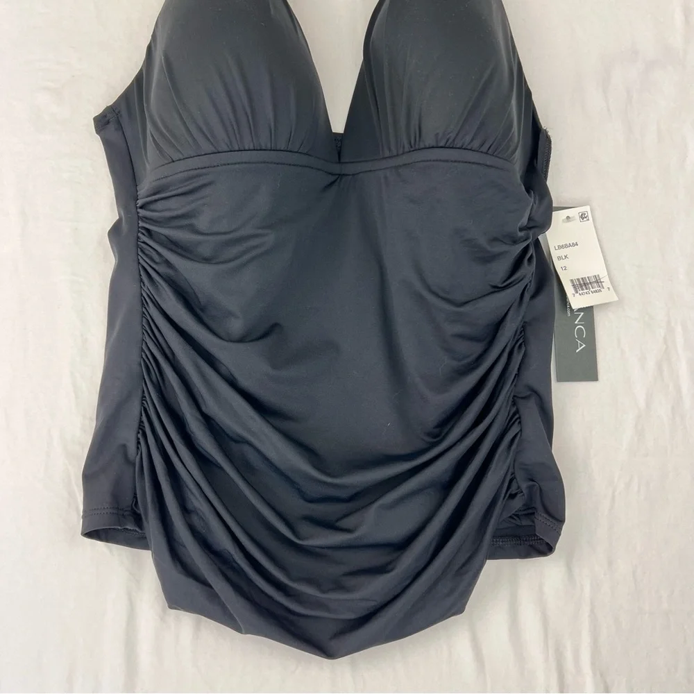 NWT La Blanca Black Island Goddess Solid Halter Tankini Top LB Sz 12 Beach